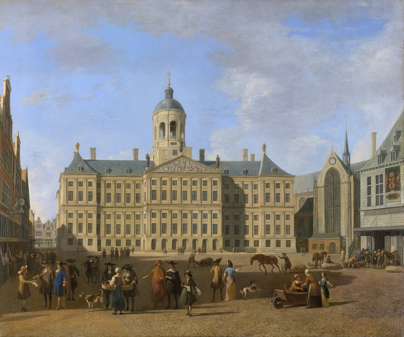 Hand painted landscape oil painting of Amsterdam Dam Square with City Hall, oil on canvas, textured brushwork, muted earth. - Add Frame, Canvas, Figure, Hand Painted, Landscape, Made To Order, Oil Painting