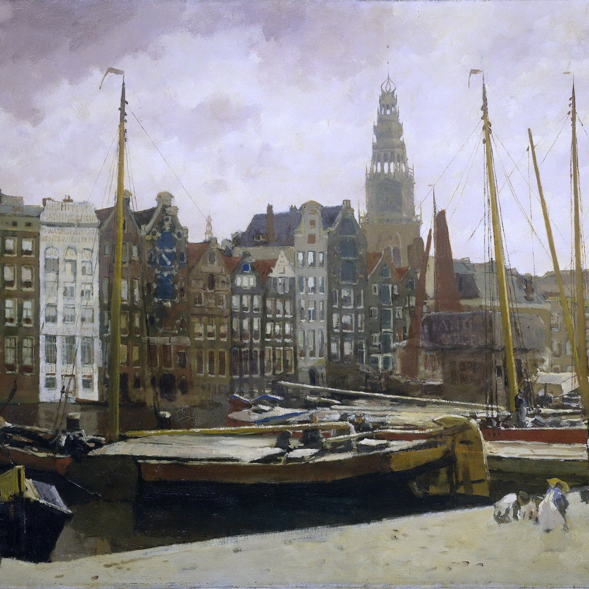 Hand painted landscape oil painting of Amsterdam harbor with boats and old town architecture, textured oil on canvas. - Add Frame, Architecture, Boat, Canvas, Hand Painted, Harbor, Landscape, Made To Order, Oil Painting, Seascape, Village