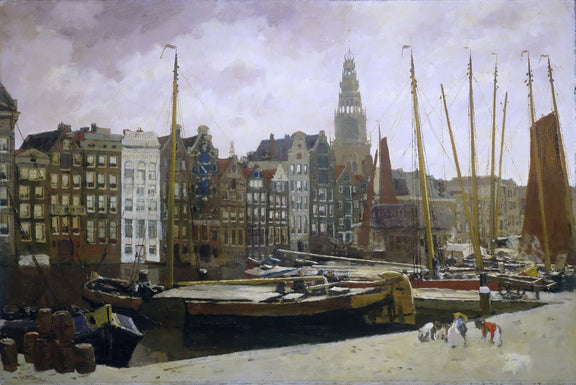 Hand painted landscape oil painting of Amsterdam harbor with boats and old town architecture, textured oil on canvas. - Add Frame, Architecture, Boat, Canvas, Hand Painted, Harbor, Landscape, Made To Order, Oil Painting, Seascape, Village