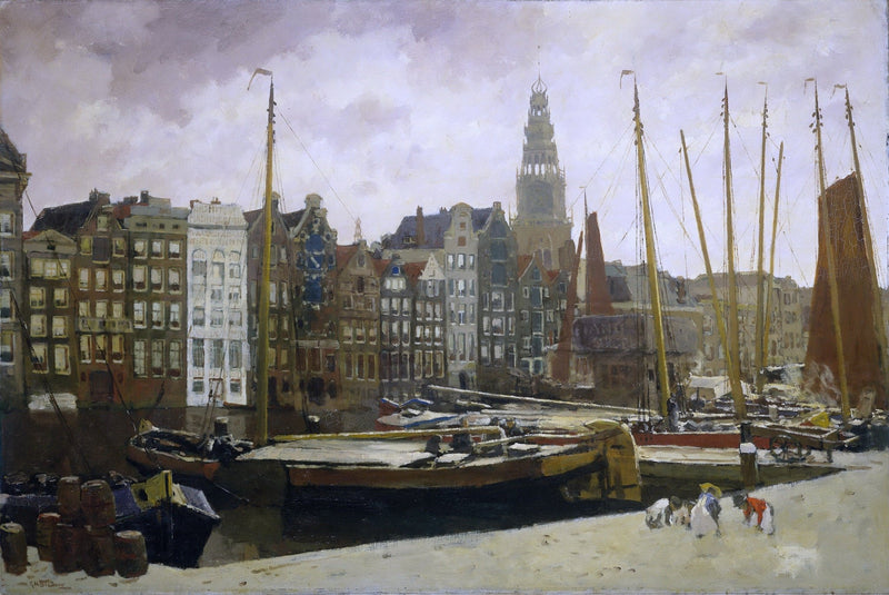 Hand painted landscape oil painting of Amsterdam harbor with boats and old town architecture, textured oil on canvas. - Add Frame, Architecture, Boat, Canvas, Hand Painted, Harbor, Landscape, Made To Order, Oil Painting, Seascape, Village