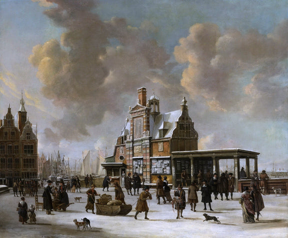 Hand painted oil on canvas landscape oil painting of a winter market and harbor scene in Amsterdam with textured brushwork. - Add Frame, Boat, Canvas, Hand Painted, Harbor, Landscape, Made To Order, Oil Painting, Seascape, Winter