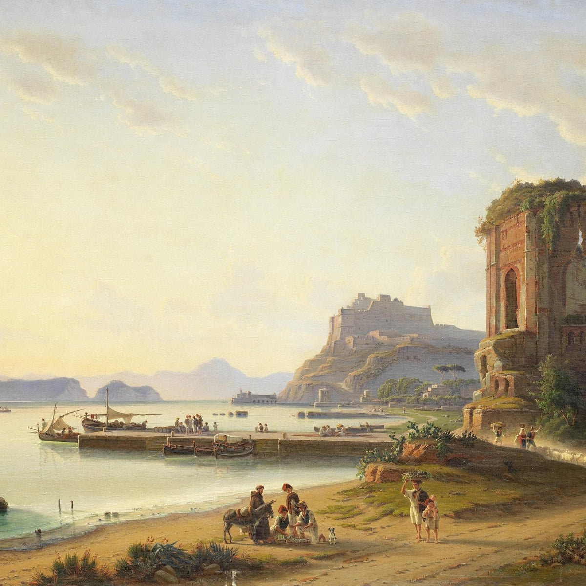 Ancient Coastal Ruins, Harbor Life by the Sea – Landscape Oil Painting - Oil Painting Haven