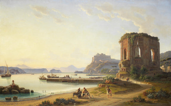 Ancient Coastal Ruins, Harbor Life by the Sea – Landscape Oil Painting - Oil Painting Haven