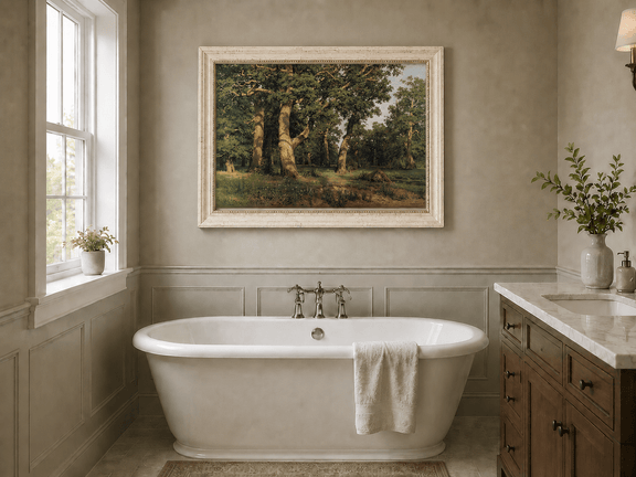 Framed hand-painted forest glade oil painting with ancient oak trees displayed above a freestanding bathtub.