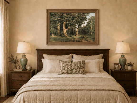 Framed hand-painted forest glade oil painting with ancient oak trees displayed above a wooden bed in a neutral bedroom.