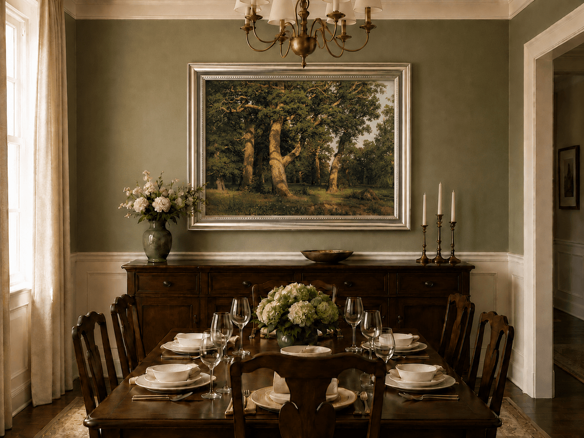 Framed hand-painted forest glade oil painting with ancient oak trees displayed above a formal dining table.