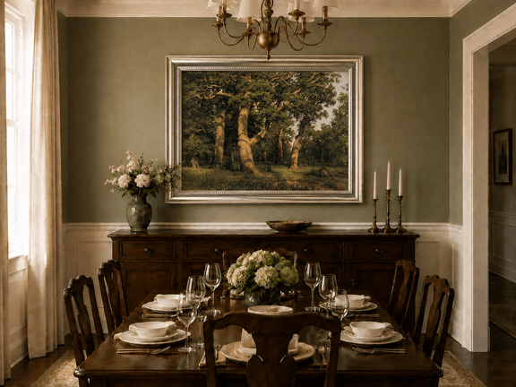 Framed hand-painted forest glade oil painting with ancient oak trees displayed above a formal dining table.
