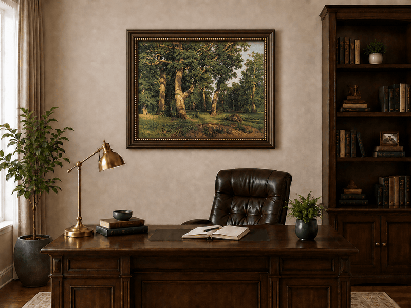 Framed hand-painted forest glade oil painting with ancient oak trees displayed above a traditional home office desk.