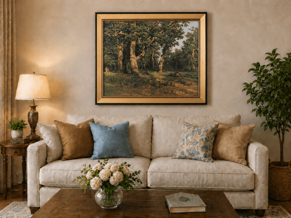 Framed hand-painted forest glade oil painting with ancient oak trees displayed above a neutral living room sofa.