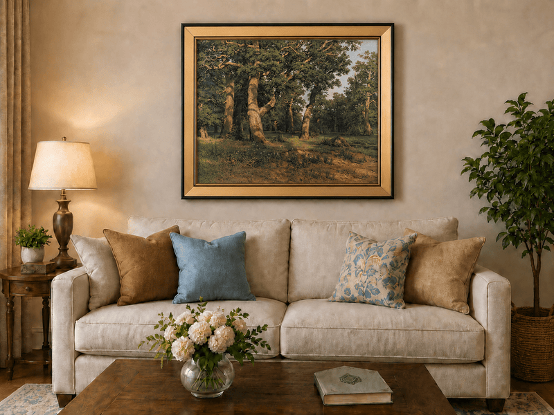 Framed hand-painted forest glade oil painting with ancient oak trees displayed above a neutral living room sofa.
