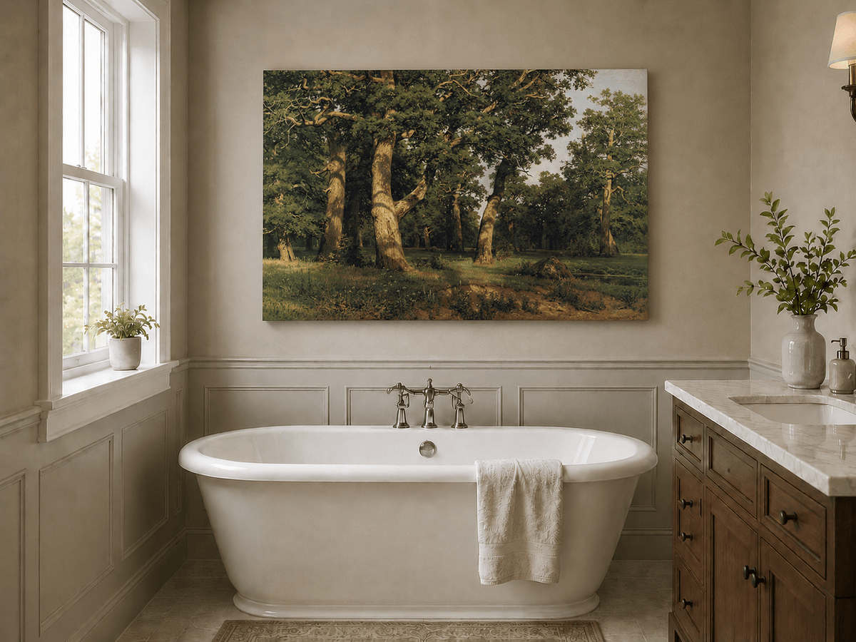 Unframed hand-painted forest glade oil painting with ancient oak trees displayed above a freestanding bathtub.