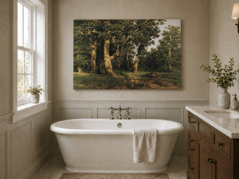 Unframed hand-painted forest glade oil painting with ancient oak trees displayed above a freestanding bathtub.