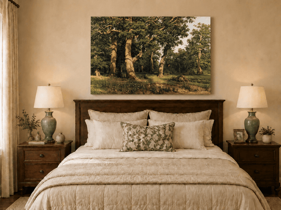 Unframed hand-painted forest glade oil painting with ancient oak trees displayed above a wooden bed in a neutral bedroom.