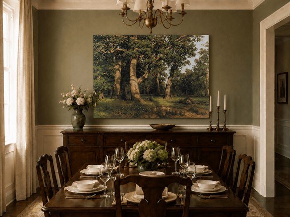 Unframed hand-painted forest glade oil painting with ancient oak trees displayed above a formal dining table.