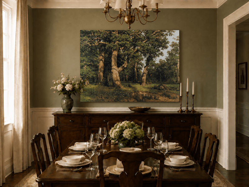 Unframed hand-painted forest glade oil painting with ancient oak trees displayed above a formal dining table.