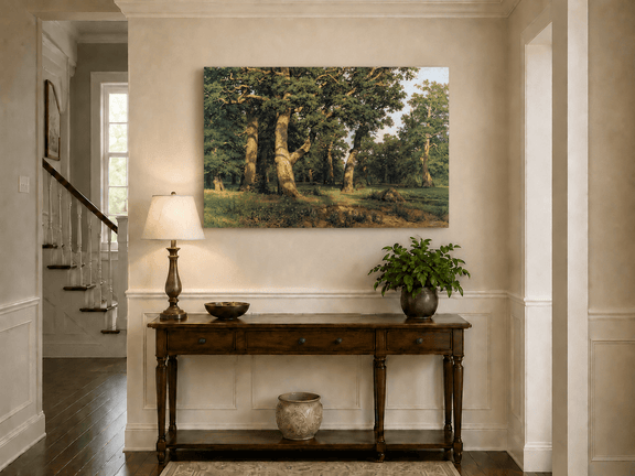 Unframed hand-painted forest glade oil painting with ancient oak trees displayed above an entryway console table.