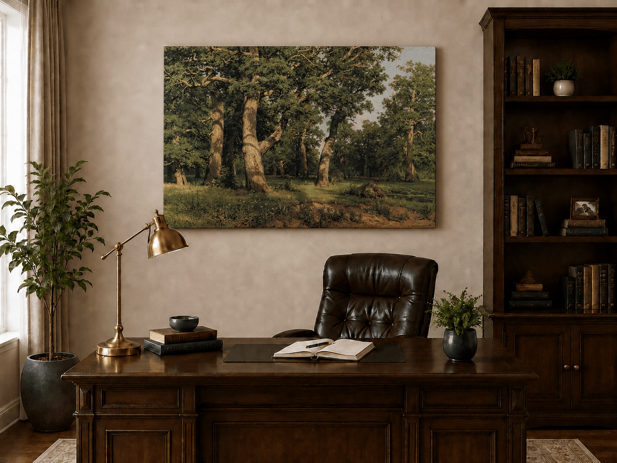 Unframed hand-painted forest glade oil painting with ancient oak trees displayed above a traditional home office desk.