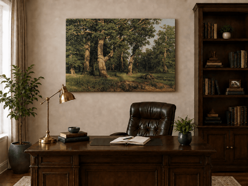Unframed hand-painted forest glade oil painting with ancient oak trees displayed above a traditional home office desk.