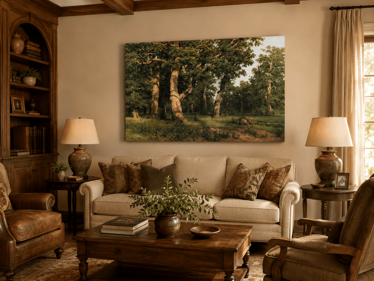 Unframed hand-painted forest glade oil painting with ancient oak trees displayed above a neutral living room sofa.
