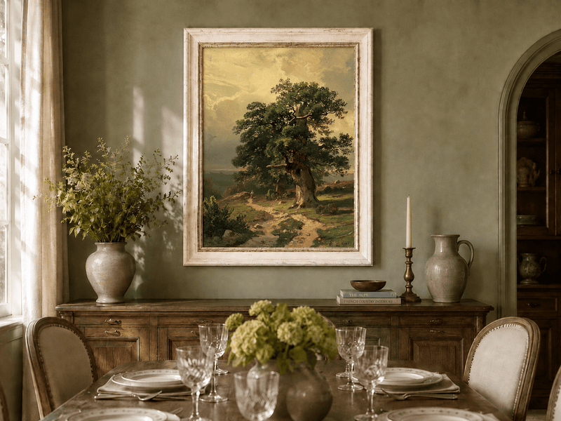 Framed hand-painted landscape oil painting with an ancient oak tree and winding path displayed above a formal dining table.