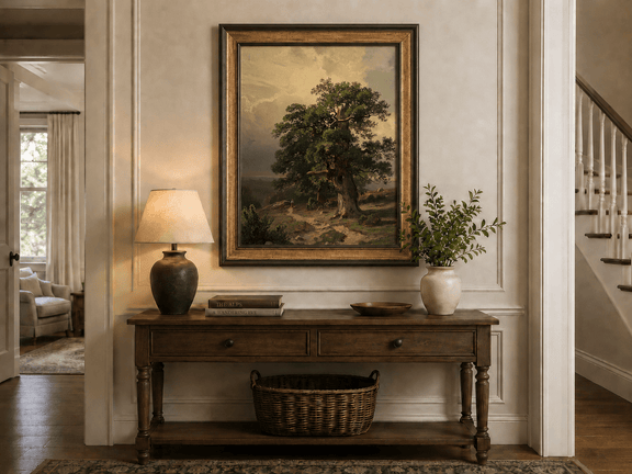 Framed hand-painted landscape oil painting with an ancient oak tree and winding path displayed above an entryway console table.