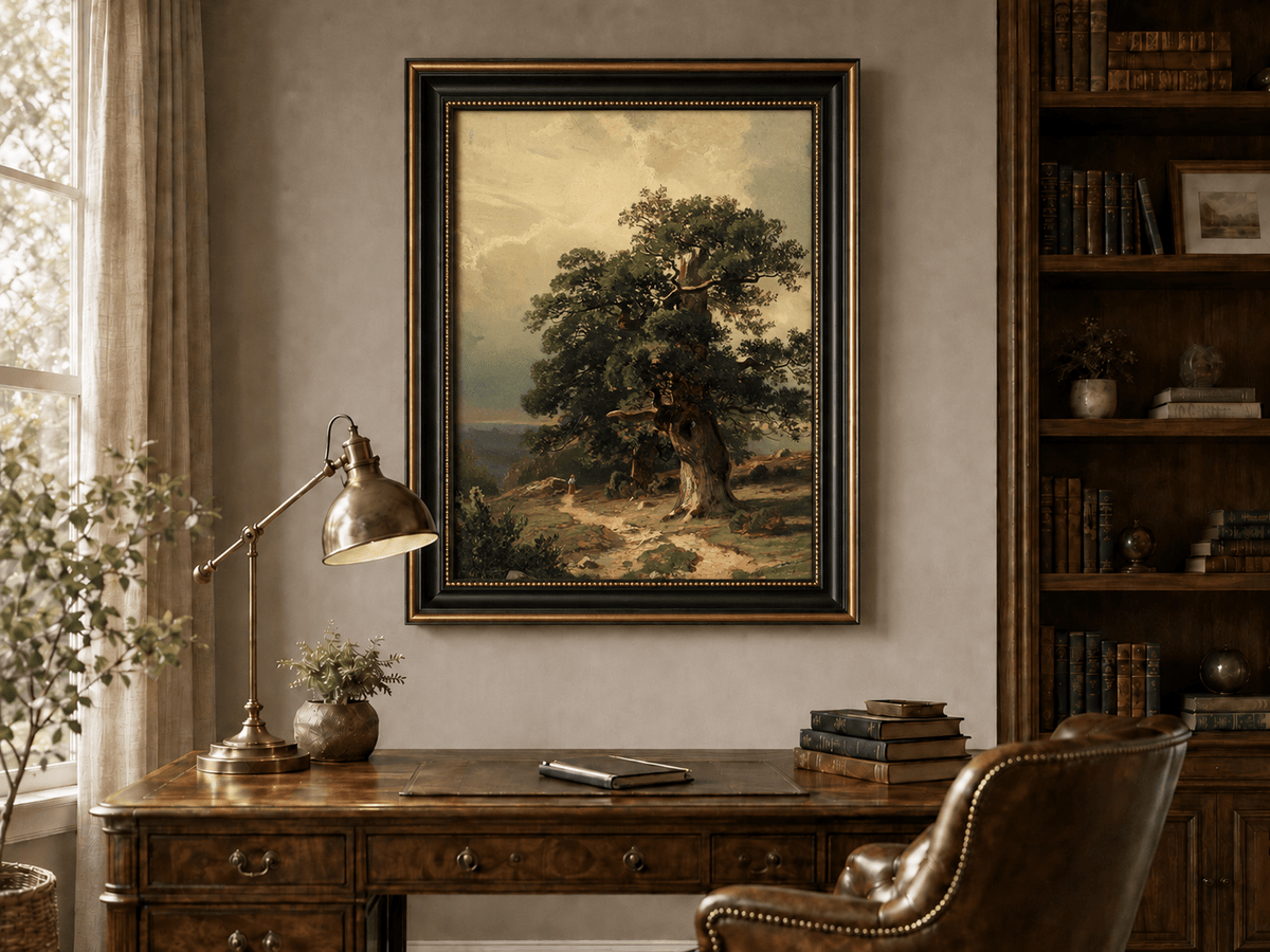 Framed hand-painted landscape oil painting with an ancient oak tree and winding path displayed above a traditional home office desk.