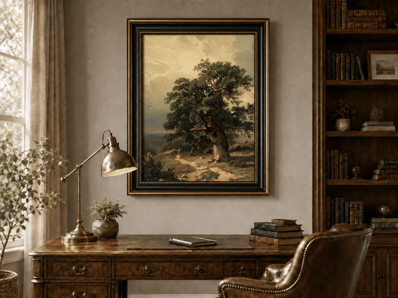 Framed hand-painted landscape oil painting with an ancient oak tree and winding path displayed above a traditional home office desk.