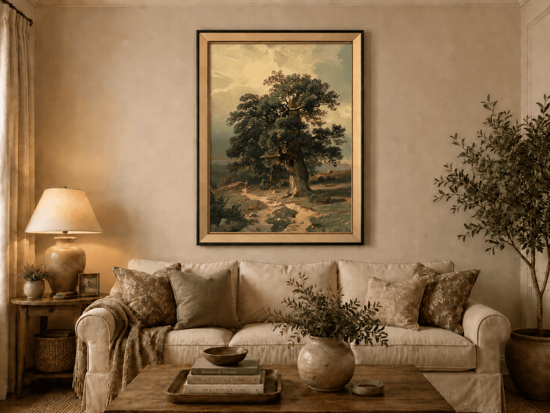 Framed hand-painted landscape oil painting with an ancient oak tree and winding path displayed above a neutral living room sofa.