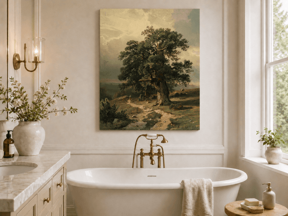 Unframed hand-painted landscape oil painting with an ancient oak tree and winding path displayed above a freestanding bathtub.