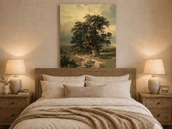 Unframed hand-painted landscape oil painting with an ancient oak tree and winding path displayed above a wooden bed in a neutral bedroom.