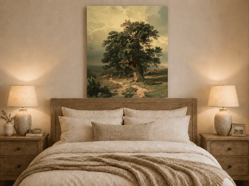 Unframed hand-painted landscape oil painting with an ancient oak tree and winding path displayed above a wooden bed in a neutral bedroom.