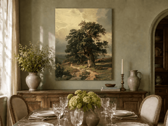 Unframed hand-painted landscape oil painting with an ancient oak tree and winding path displayed above a formal dining table.