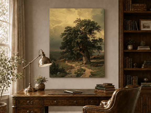 Unframed hand-painted landscape oil painting with an ancient oak tree and winding path displayed above a traditional home office desk.