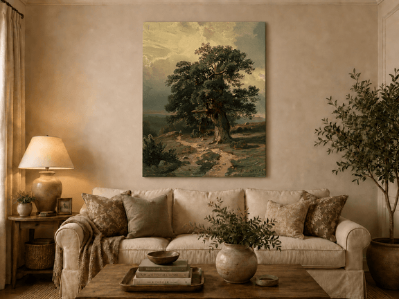 Unframed hand-painted landscape oil painting with an ancient oak tree and winding path displayed above a neutral living room sofa.