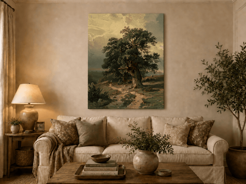 Unframed hand-painted landscape oil painting with an ancient oak tree and winding path displayed above a neutral living room sofa.