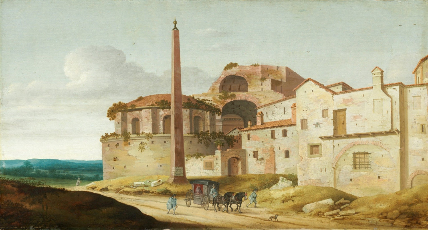 Landscape oil painting of ancient Roman ruins with a tall obelisk and horse-drawn carriage, hand painted oil on canvas with. - Add Frame, Architecture, Canvas, Hand Painted, Landscape, Made To Order, Oil Painting