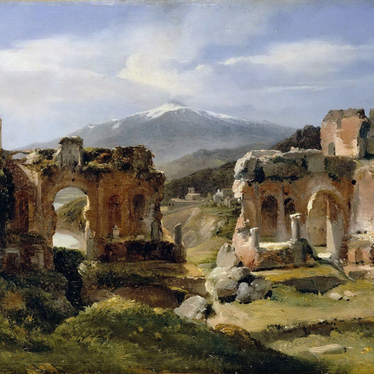Hand painted oil on canvas landscape oil painting showing ancient ruins with textured brushwork and distant snow-capped. - Add Frame, Architecture, Canvas, Hand Painted, Landscape, Made To Order, Mountain, Oil Painting