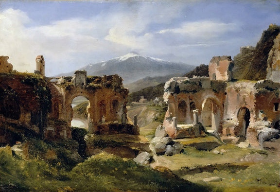 Hand painted oil on canvas landscape oil painting showing ancient ruins with textured brushwork and distant snow-capped. - Add Frame, Architecture, Canvas, Hand Painted, Landscape, Made To Order, Mountain, Oil Painting