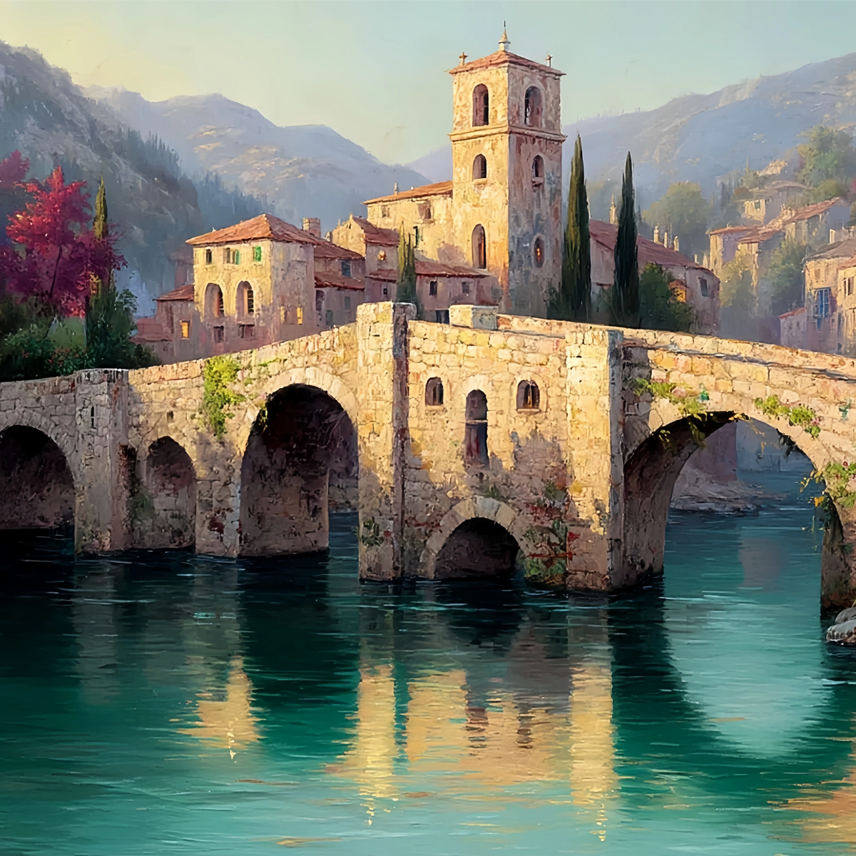 Ancient Stone Bridge Town Original Oil Painting For Sale - Oil Painting Haven