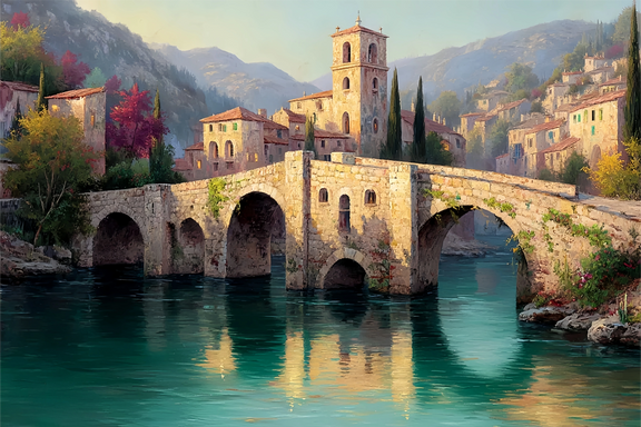 Ancient Stone Bridge Town Original Oil Painting For Sale - Oil Painting Haven
