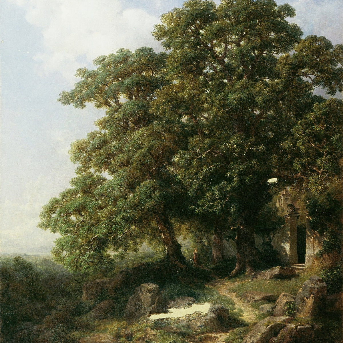 Ancient Trees and Woodland Path with Chapel – Landscape Oil Painting - Oil Painting Haven