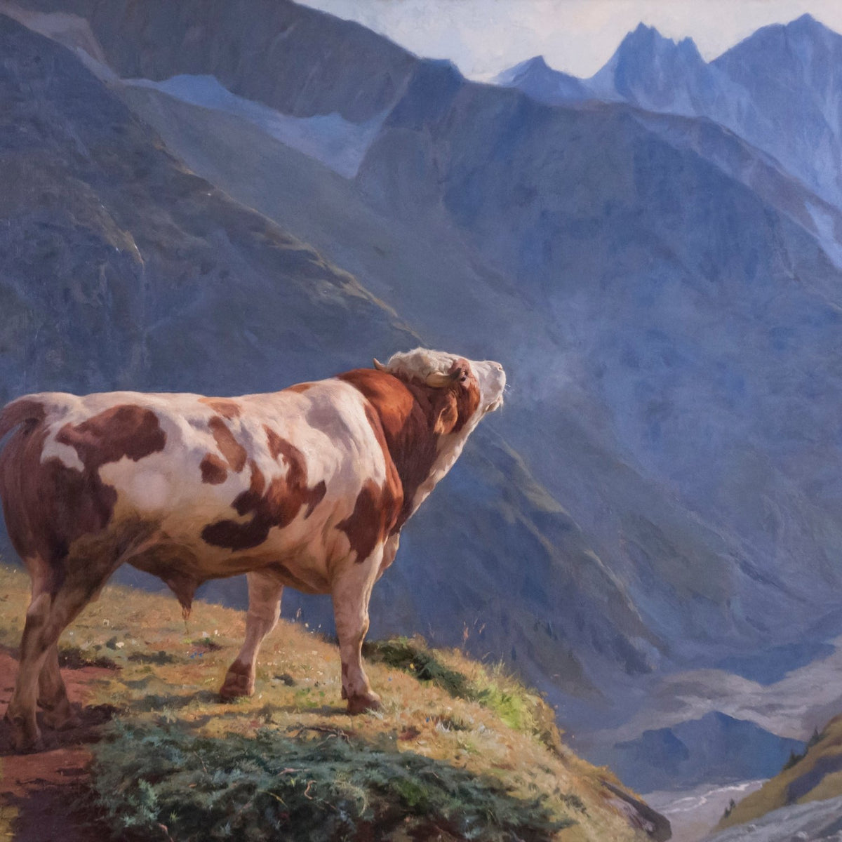 Animals Oil Painting - Alpine Bull in a Mountain Landscape - Oil Painting Haven