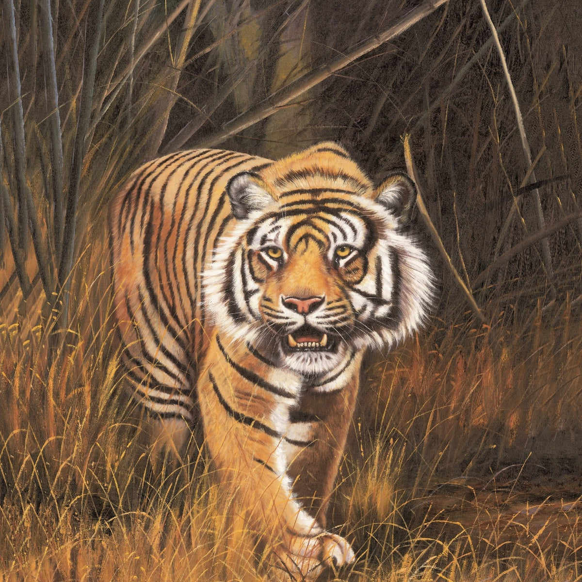 Animals Oil Painting - Bengal Tiger Walking Through Wild Grass - Oil Painting Haven