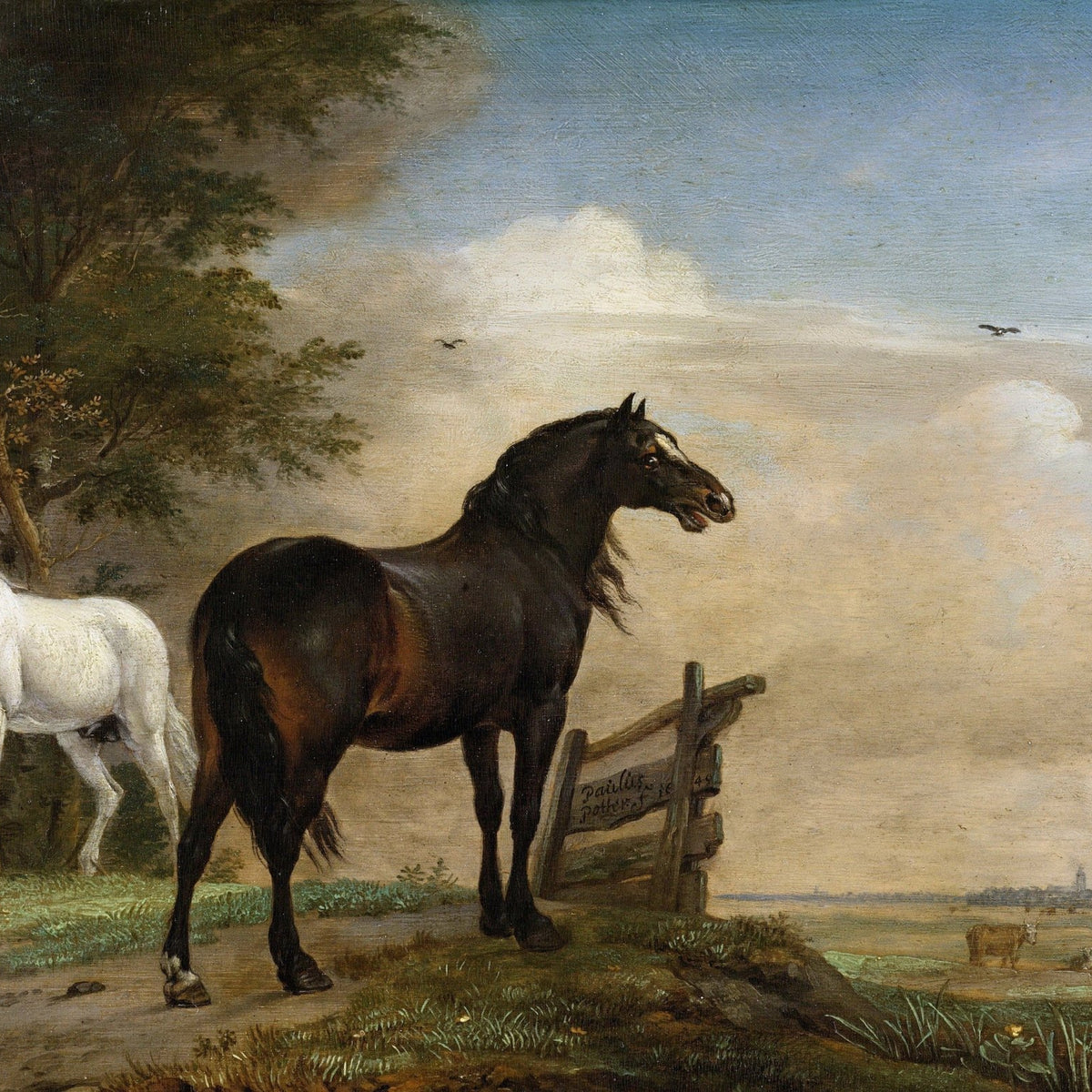 Animals Oil Painting - Black and White Horses by Pasture Gate - Oil Painting Haven