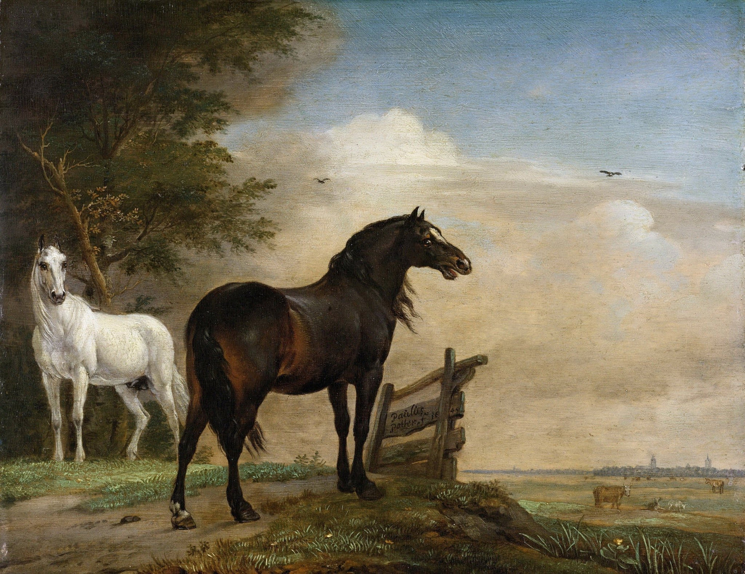 Animals Oil Painting - Black and White Horses by Pasture Gate - Oil Painting Haven