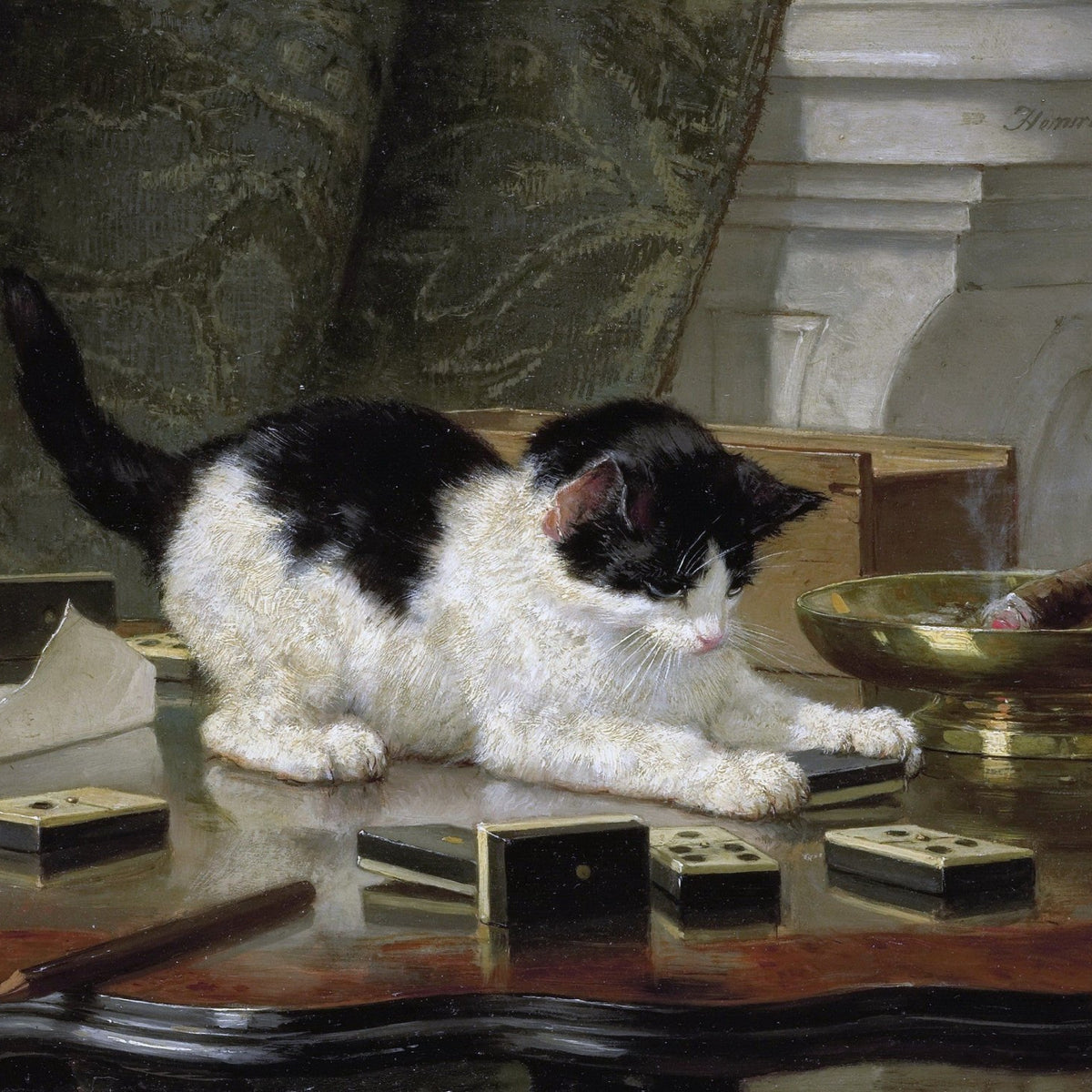 Animals Oil Painting - Black and White Kitten Playing Dominoes - Oil Painting Haven