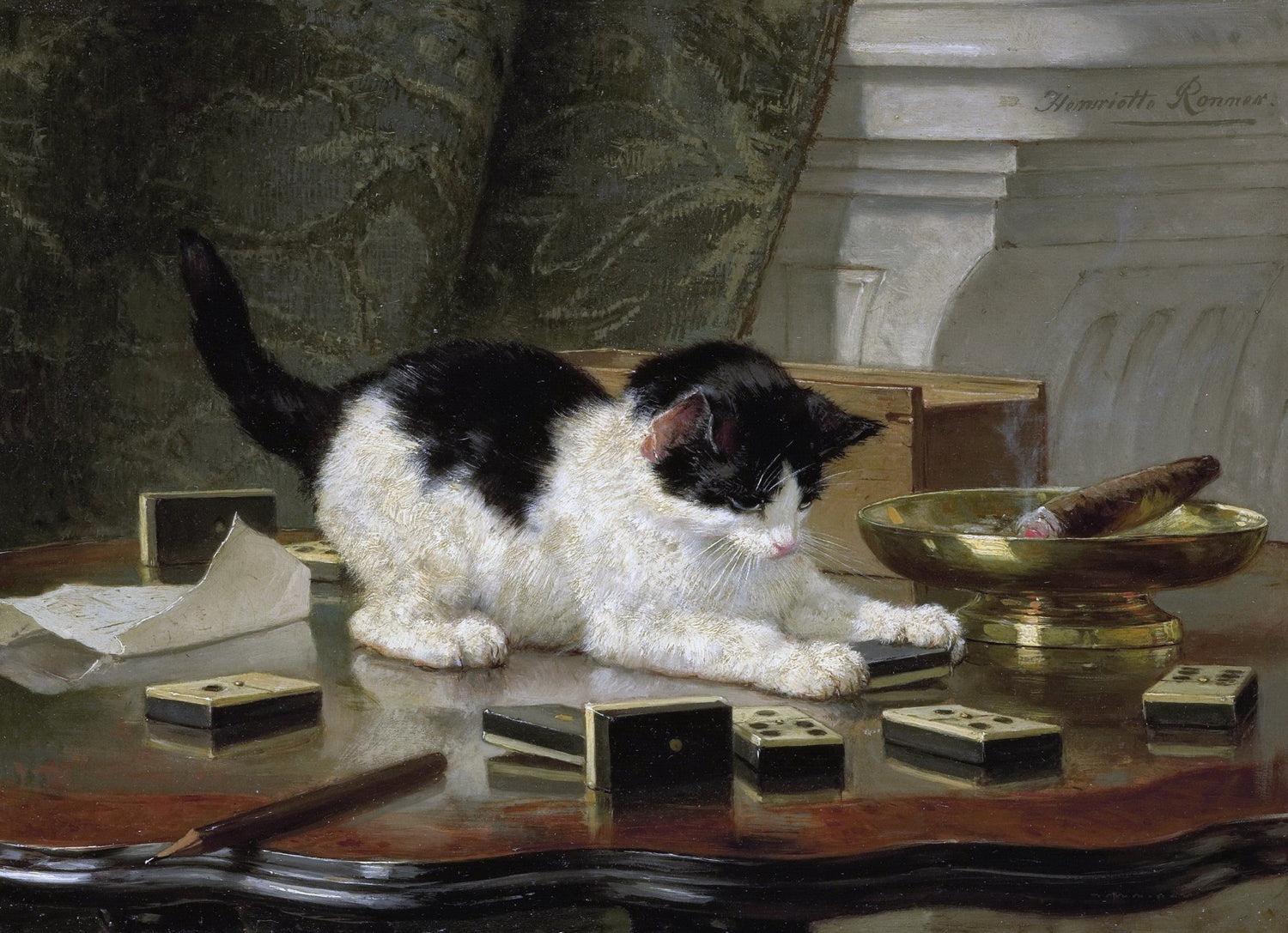 Animals Oil Painting - Black and White Kitten Playing Dominoes - Oil Painting Haven