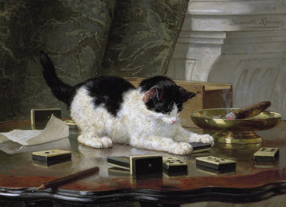 Animals Oil Painting - Black and White Kitten Playing Dominoes - Oil Painting Haven