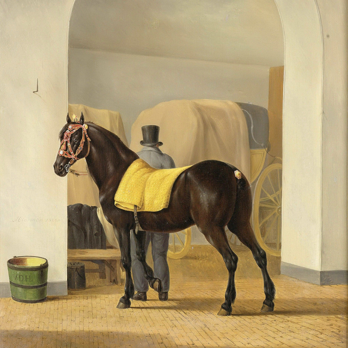 Animals Oil Painting - Black Carriage Horse with Yellow Saddle - Oil Painting Haven