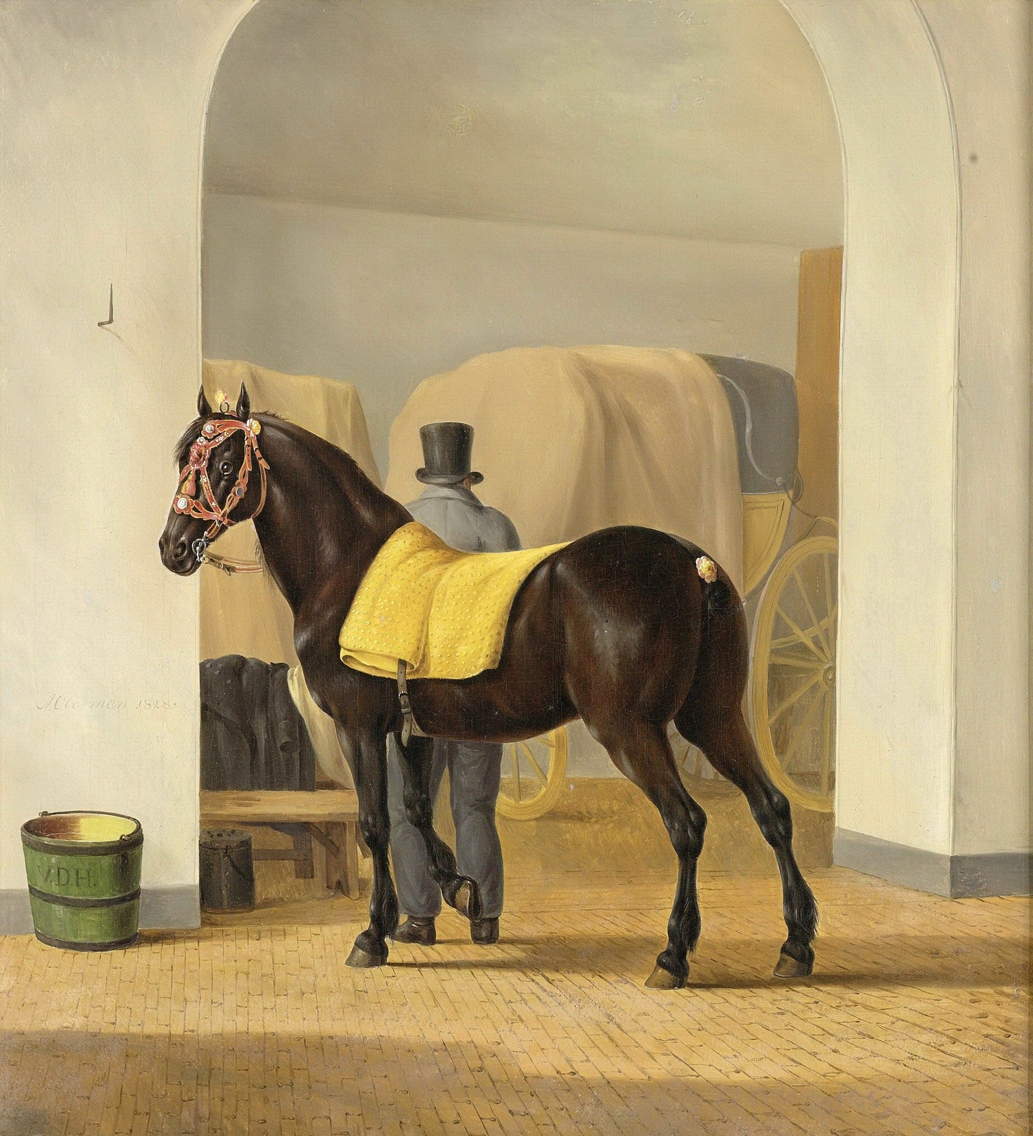 Animals Oil Painting - Black Carriage Horse with Yellow Saddle - Oil Painting Haven